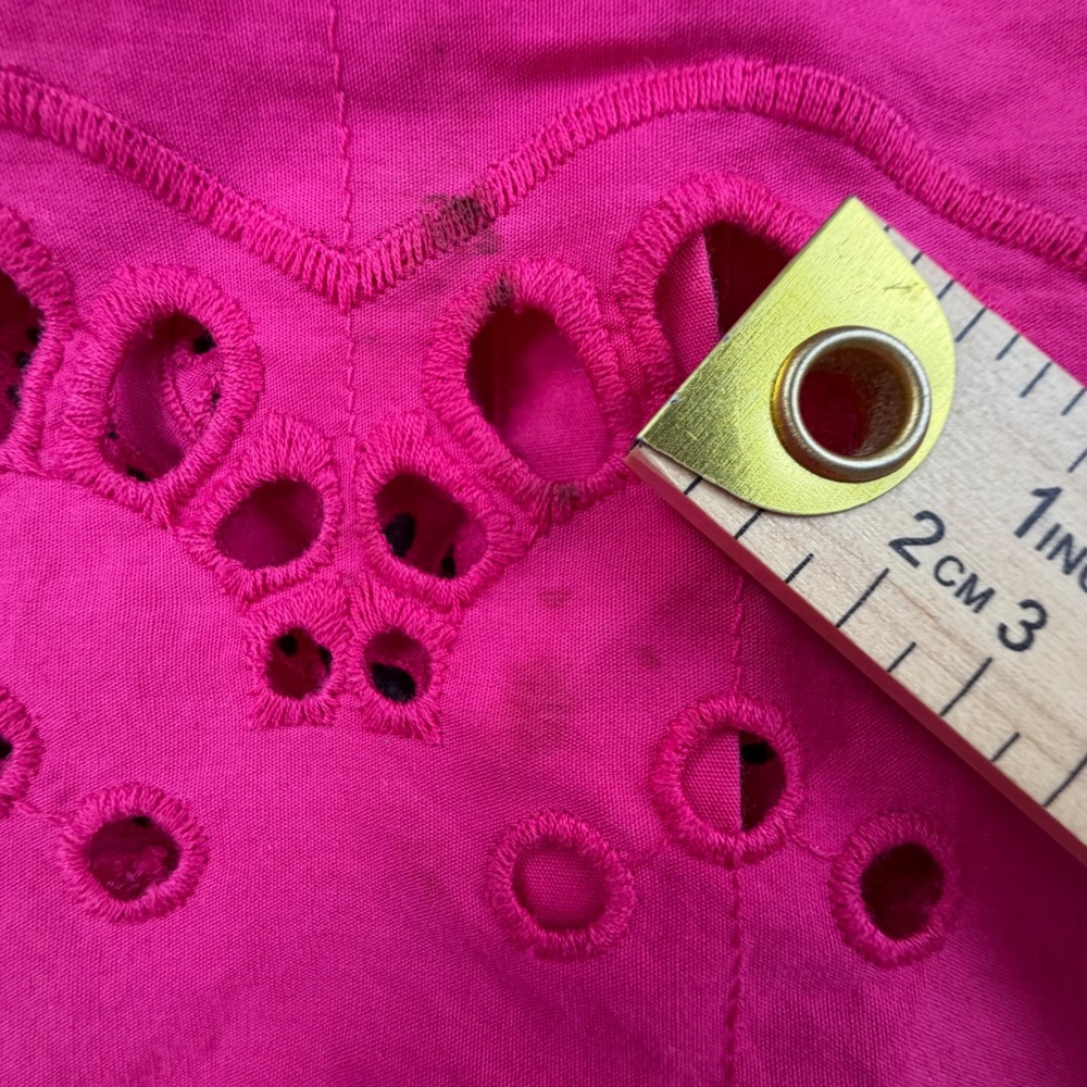 Anthropologie Hot Pink Eyelet Mini Dress Short Puff Sleeve Cotton Tiered Size L - Picture 12 of 13